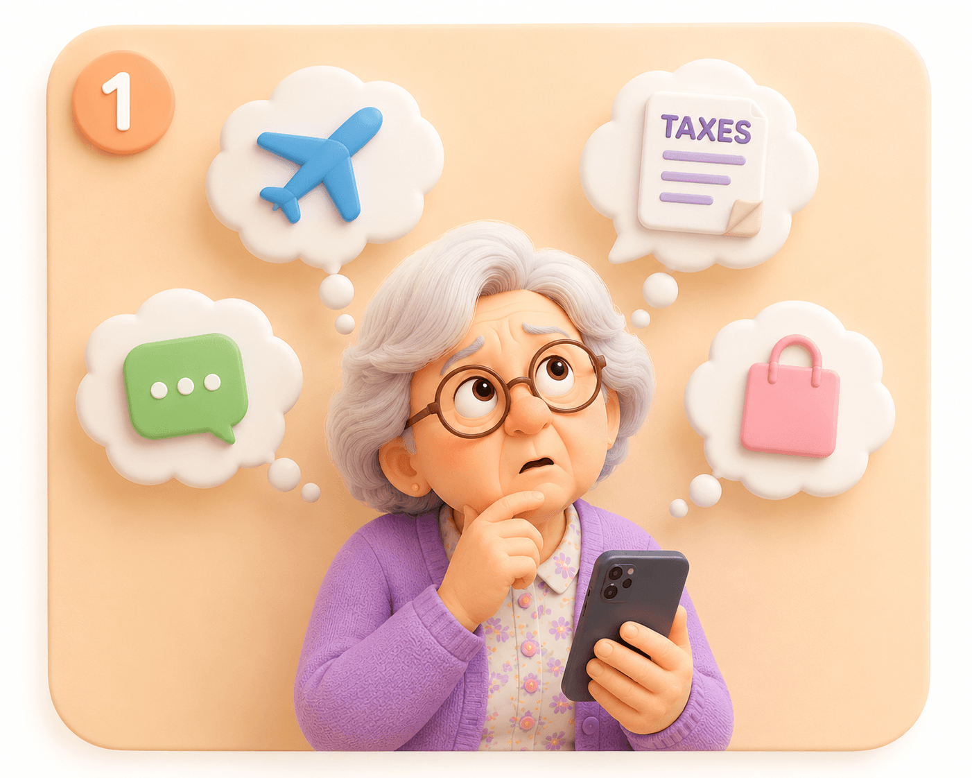Confused grandmother holding a phone while thinking about difficult app tasks